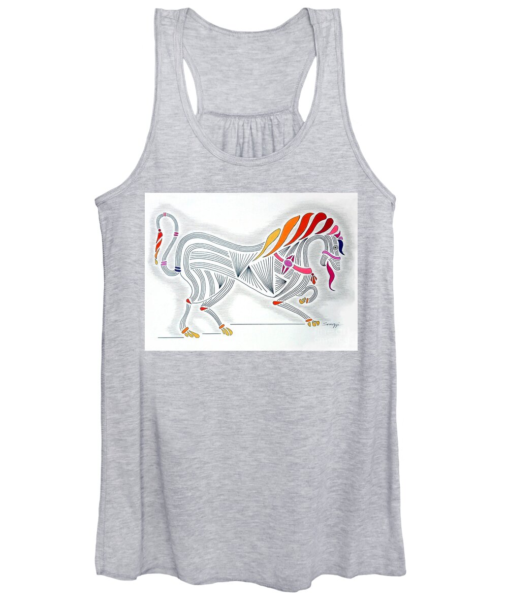 Horse Women's Tank Top featuring the drawing Rarin' to Go -- Stylized Medieval Prancing Horse w/ Rainbow Mane by Jayne Somogy