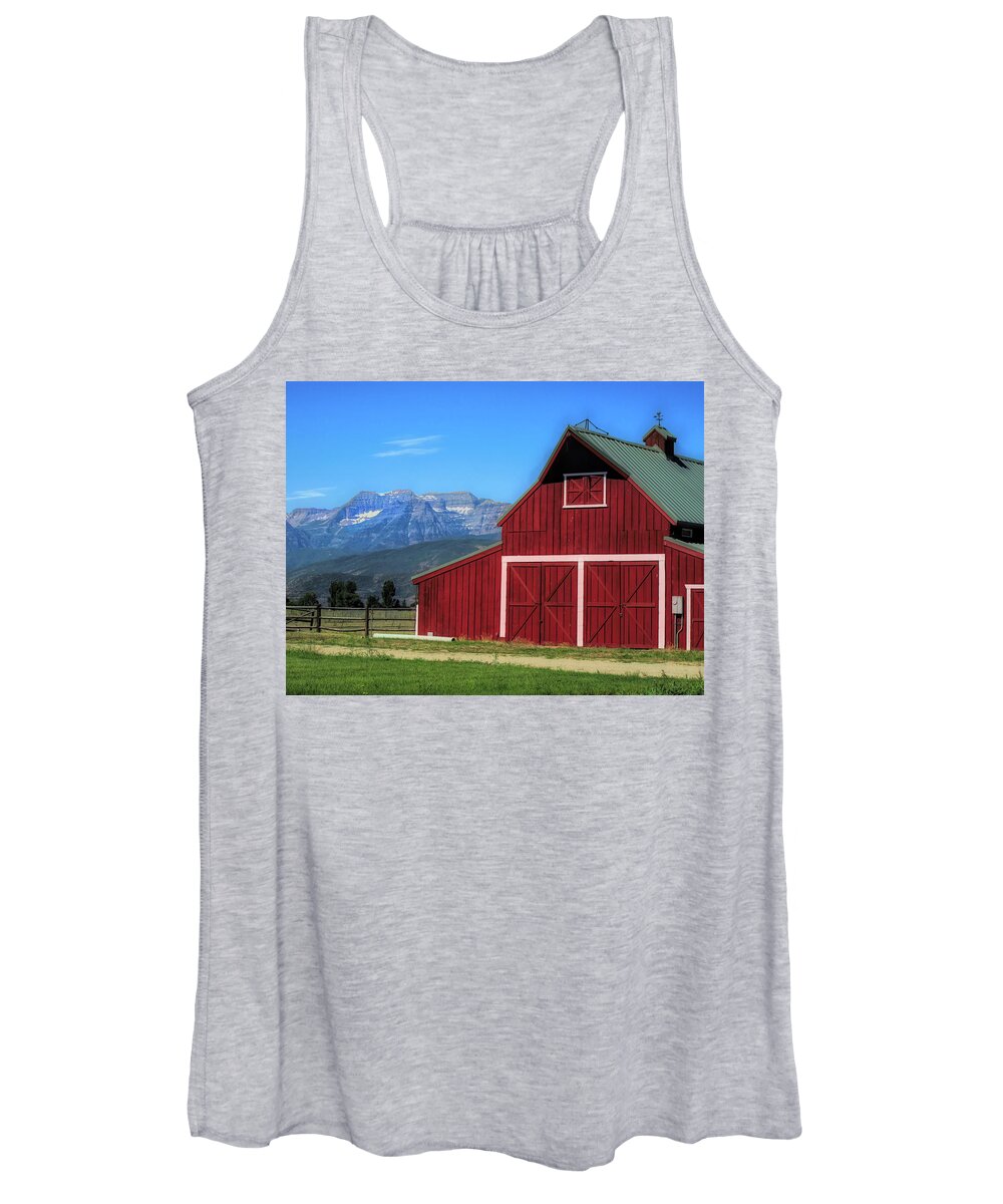 Barn Women's Tank Top featuring the photograph Red Barn and Mount Timpanogos by DK Digital