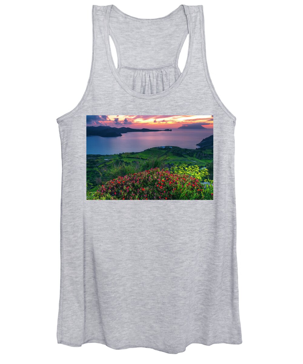 Aegean Sea Women's Tank Top featuring the photograph Red Flowers Of Milos by Evgeni Dinev