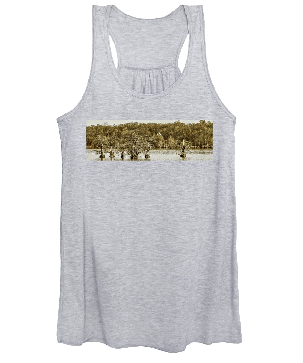 Reelfoot Women's Tank Top featuring the photograph Reelfoot Lake Cypress and Pelicans 001 by James C Richardson