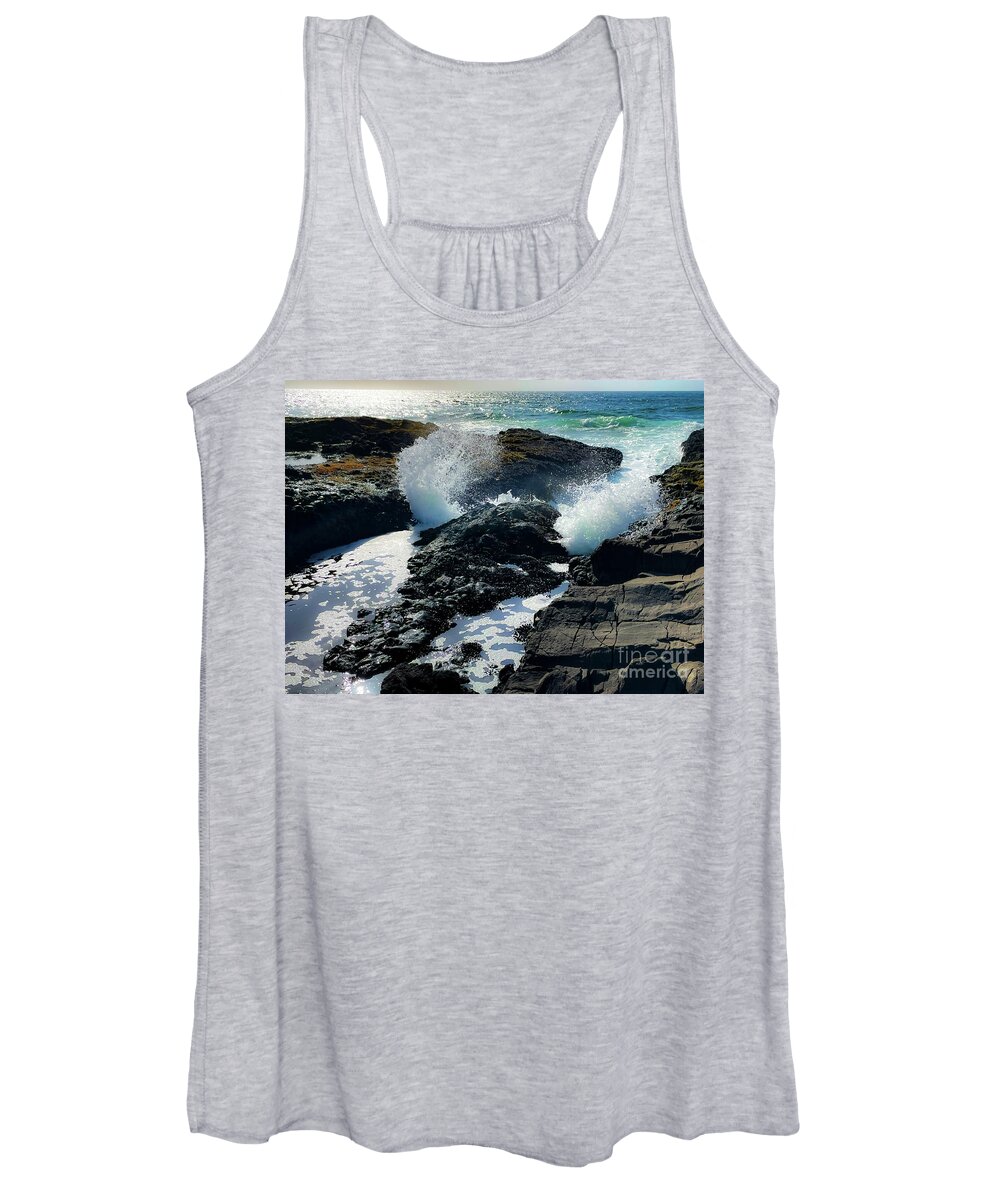 #oregon #pacificocean #pacific #blueskies #cloudy #pnw #pacificnorthwest #shore #rockyshore #tidepools #waves #reflection Women's Tank Top featuring the photograph Rolling Giants by Bryan Smedley