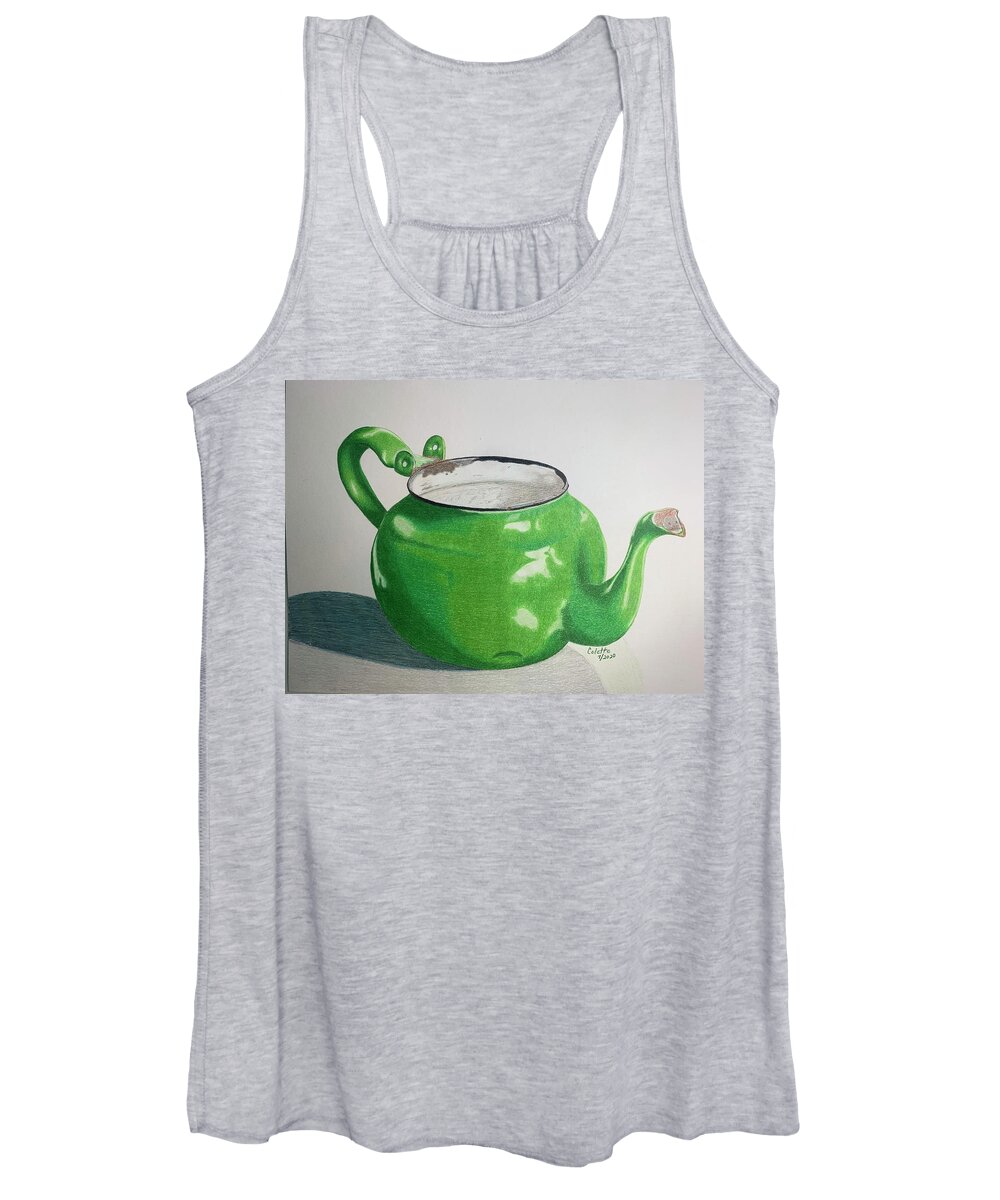 Green Teapot Women's Tank Top featuring the drawing Rusty Lil Teapot by Colette Lee