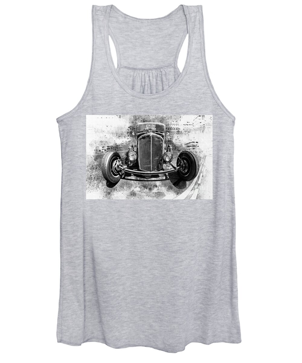 Auto Women's Tank Top featuring the digital art Rusty Rat Rod - Black And White by Anthony Ellis