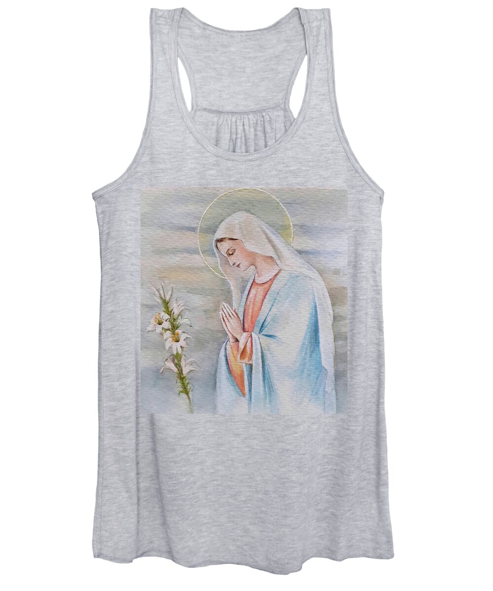 Lily Women's Tank Top featuring the painting Saint Mary with lily by Carolina Prieto Moreno