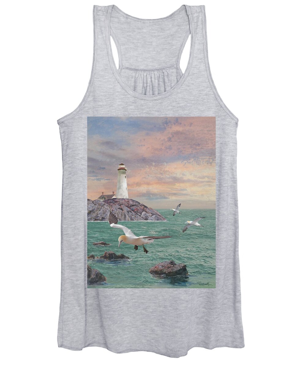 Lighthouse Women's Tank Top featuring the digital art Seabirds at Rocky Point Lighthouse by M Spadecaller
