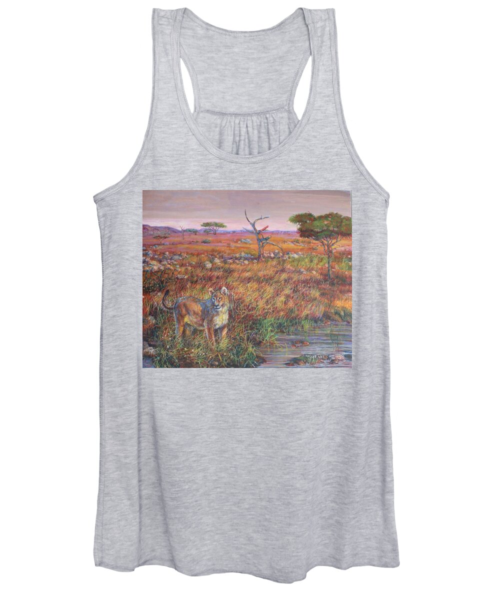 Africa Women's Tank Top featuring the painting Serengeti Lioness by Veronica Cassell vaz