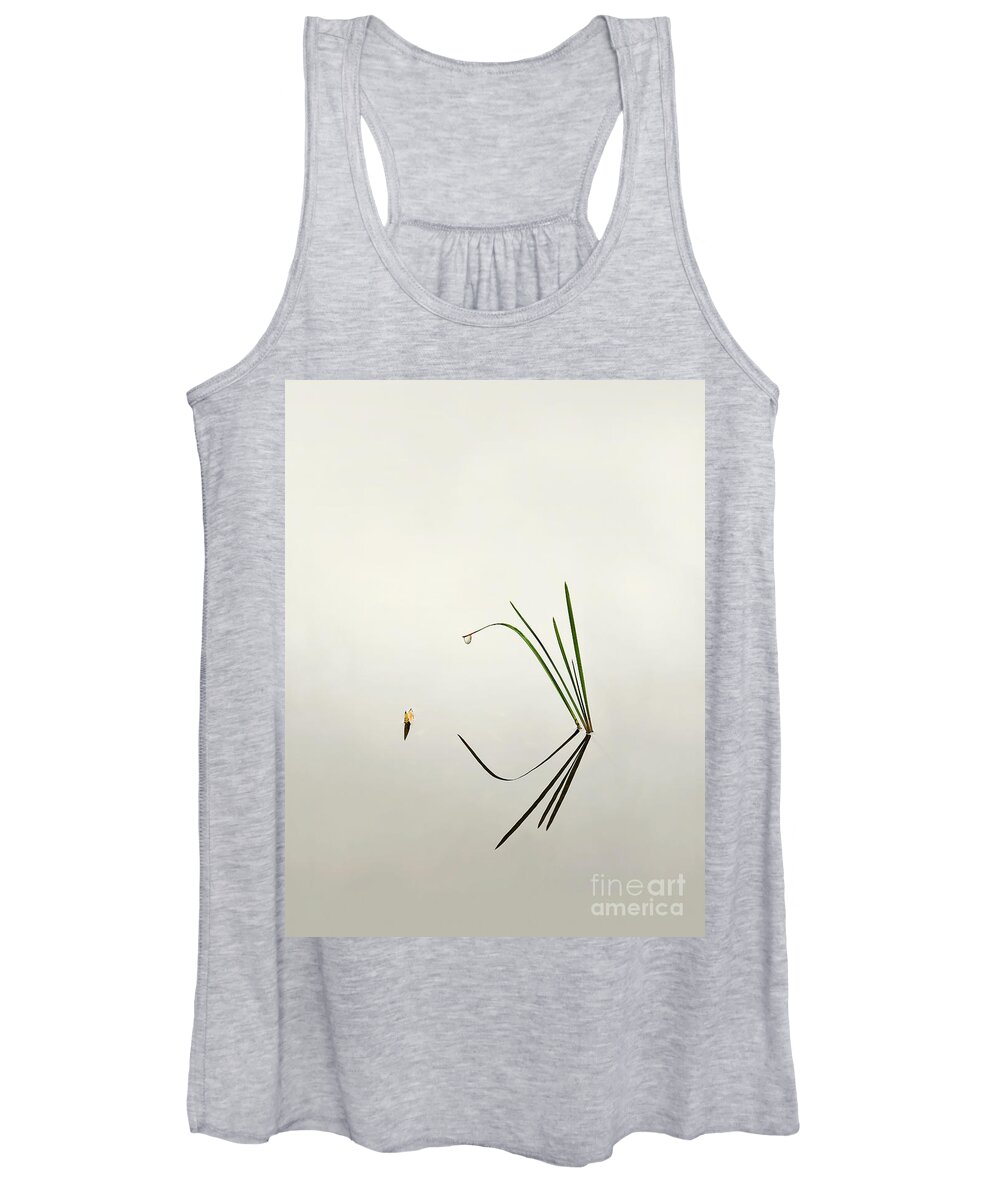 Togetherness Together Associative Expressive Lake Grass Reed Leaf Reflections Water Droplet Impression Calm Still Interactions Idyllic Sentimental Tender Conceptual Charming Atmospheric Aesthetic Solitary Passion Romance Mindfulness Relaxation Creative Contemporary Tranquillity Minimalist Stylish Minimalistic Singular Inspirational Serenity Poetic Peculiar Tranquil Elegance Simplicity Surrealism Abstract Meaningful Simple Funny Landscape Amorous Sweetheart Impersonation Delicate Gentle Pastel Women's Tank Top featuring the photograph Serenity at dawn. Associations. Togetherness by Tatiana Bogracheva