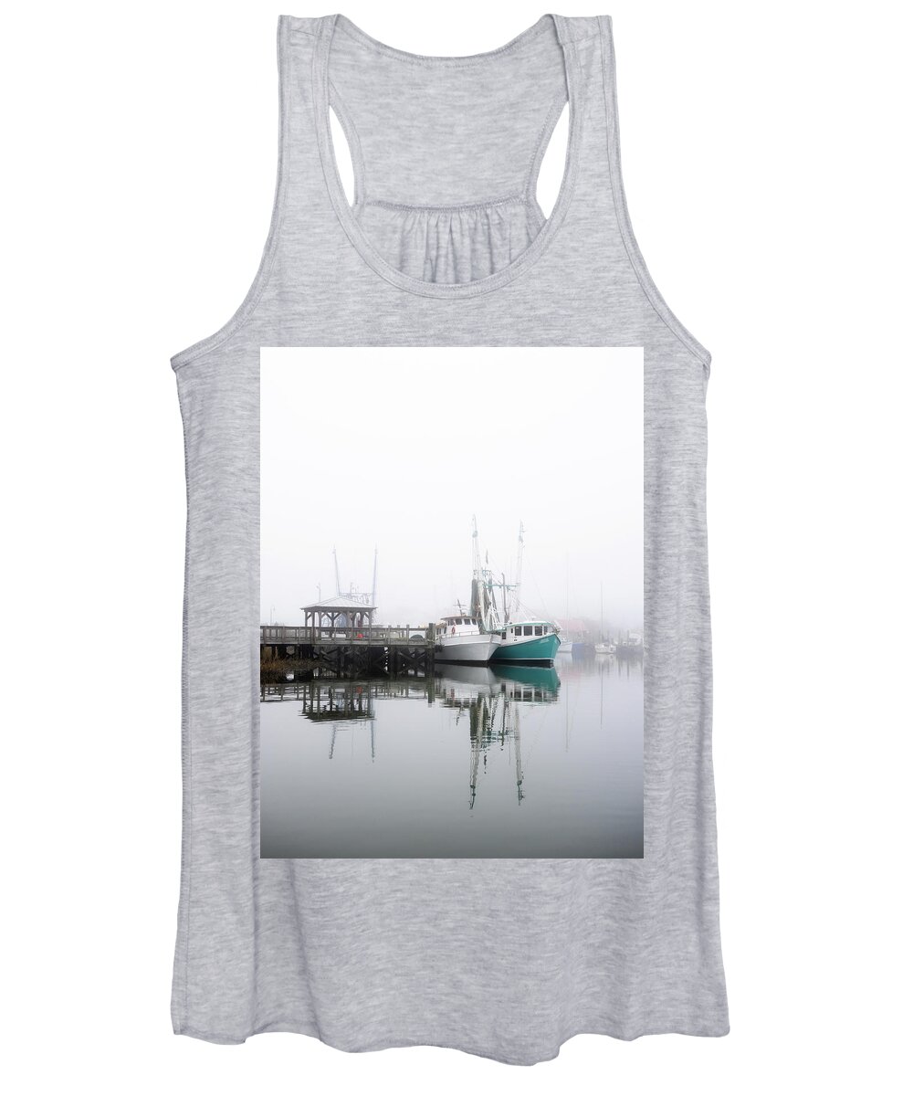 Shem Creek Women's Tank Top featuring the photograph Shem Creek Boats and Fog by Donnie Whitaker