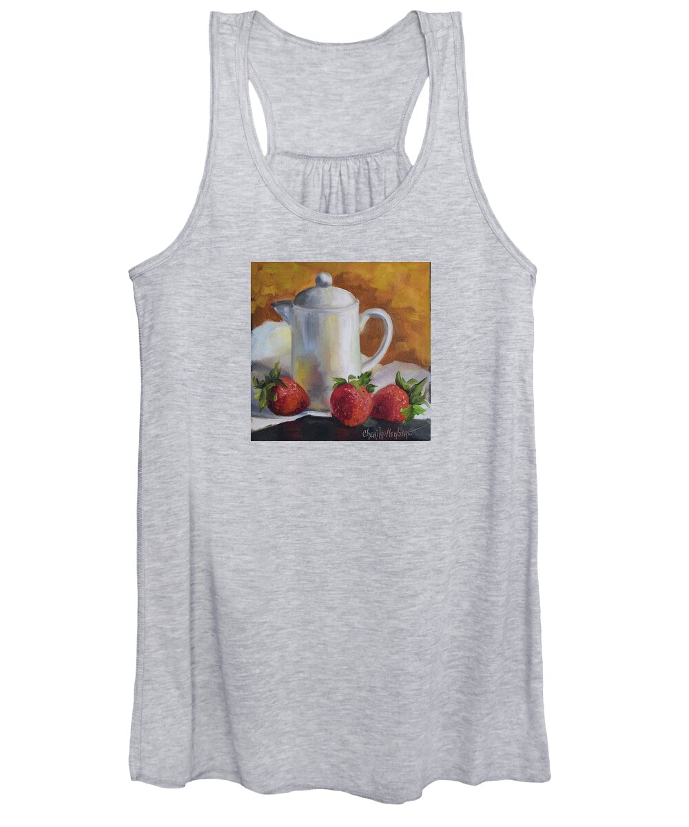 Print Women's Tank Top featuring the painting Stawberries and White Creamer An Original Oil Painting by Cheri Wollenberg by Cheri Wollenberg