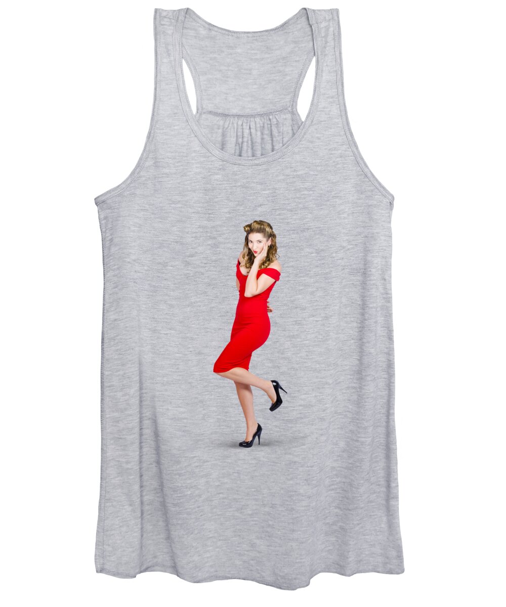 Girl Women's Tank Top featuring the photograph Stunning pinup girl in red rockabilly fashion by Jorgo Photography