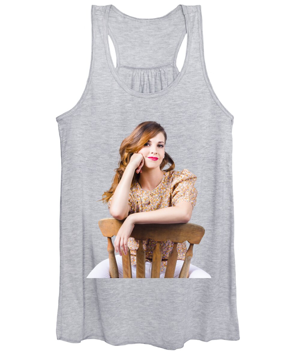 Hairstyles Women's Tank Top featuring the photograph Stylish girl at rest on antique chair by Jorgo Photography