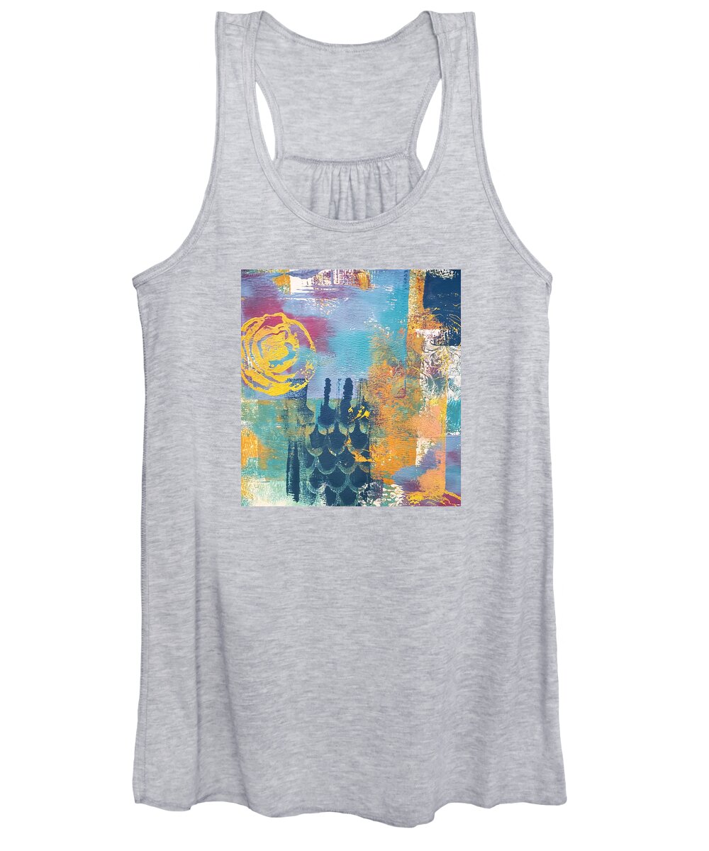 Summer Women's Tank Top featuring the mixed media Summer Heat by the Ocean Abstract Mixed Media Painting Print Acrylic Navy Blue Yellow Green by Joanne Herrmann