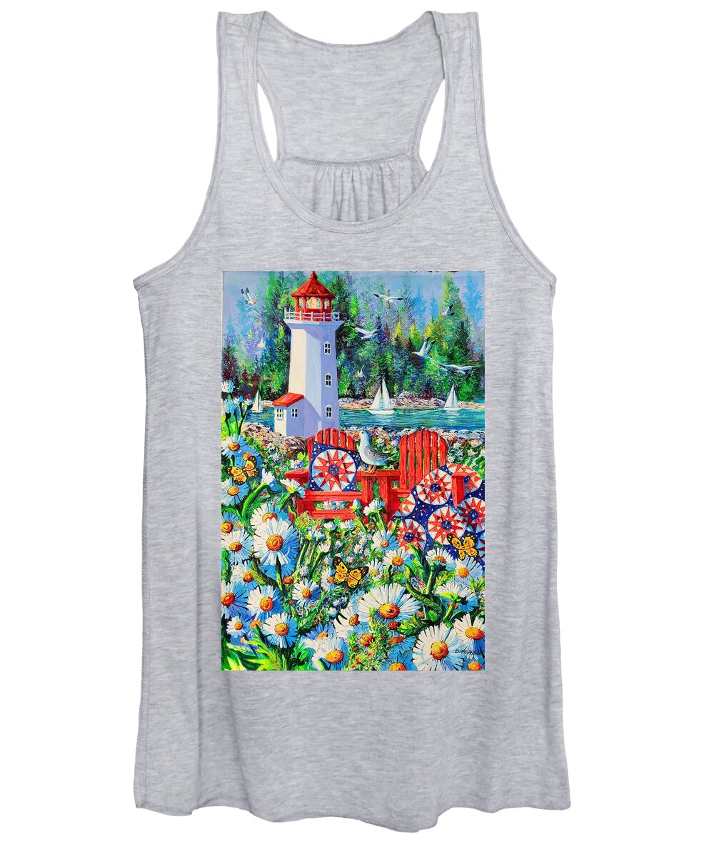 Summer Lighthouse With Red Adirondack Chairs And Red Women's Tank Top featuring the painting Summer Lighthouse by Diane Phalen