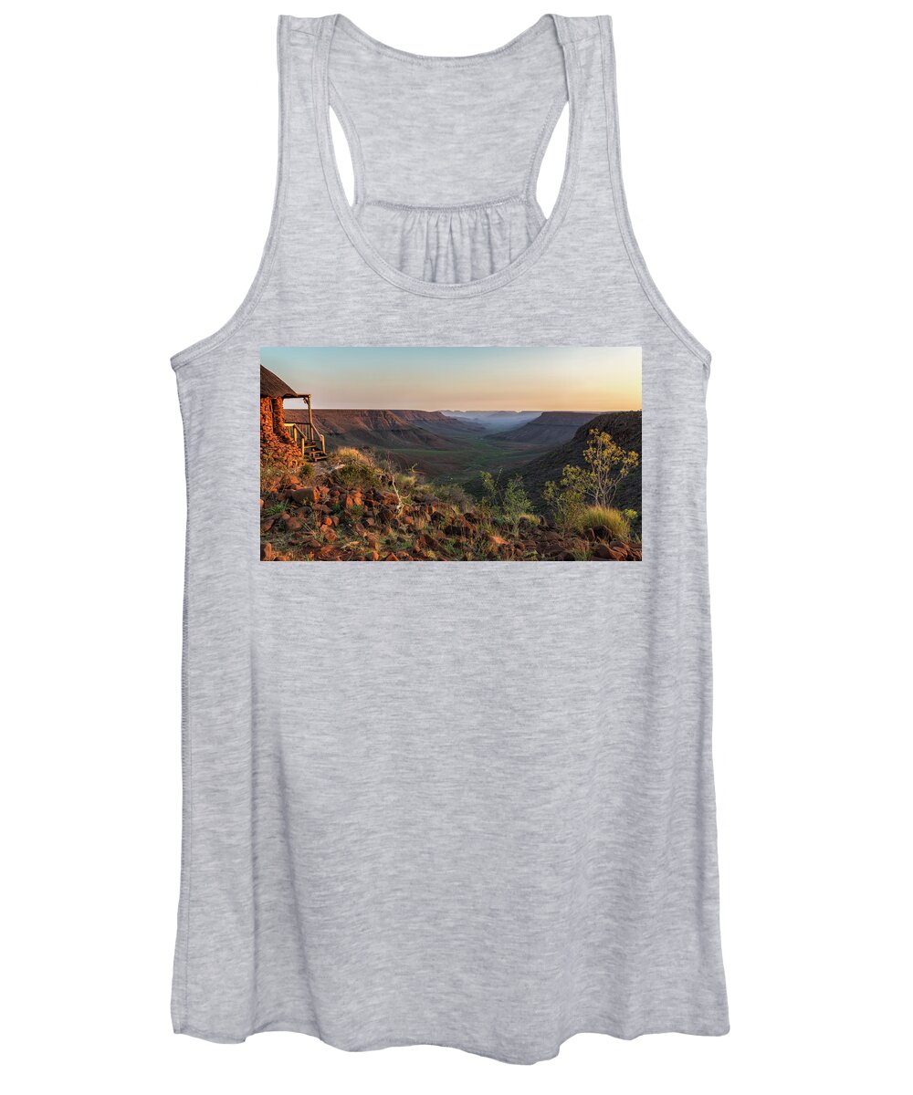 Klip River Valley Women's Tank Top featuring the photograph Sun Setting at Grootberg Lodge over Klip River Valley in Namibia by Belinda Greb