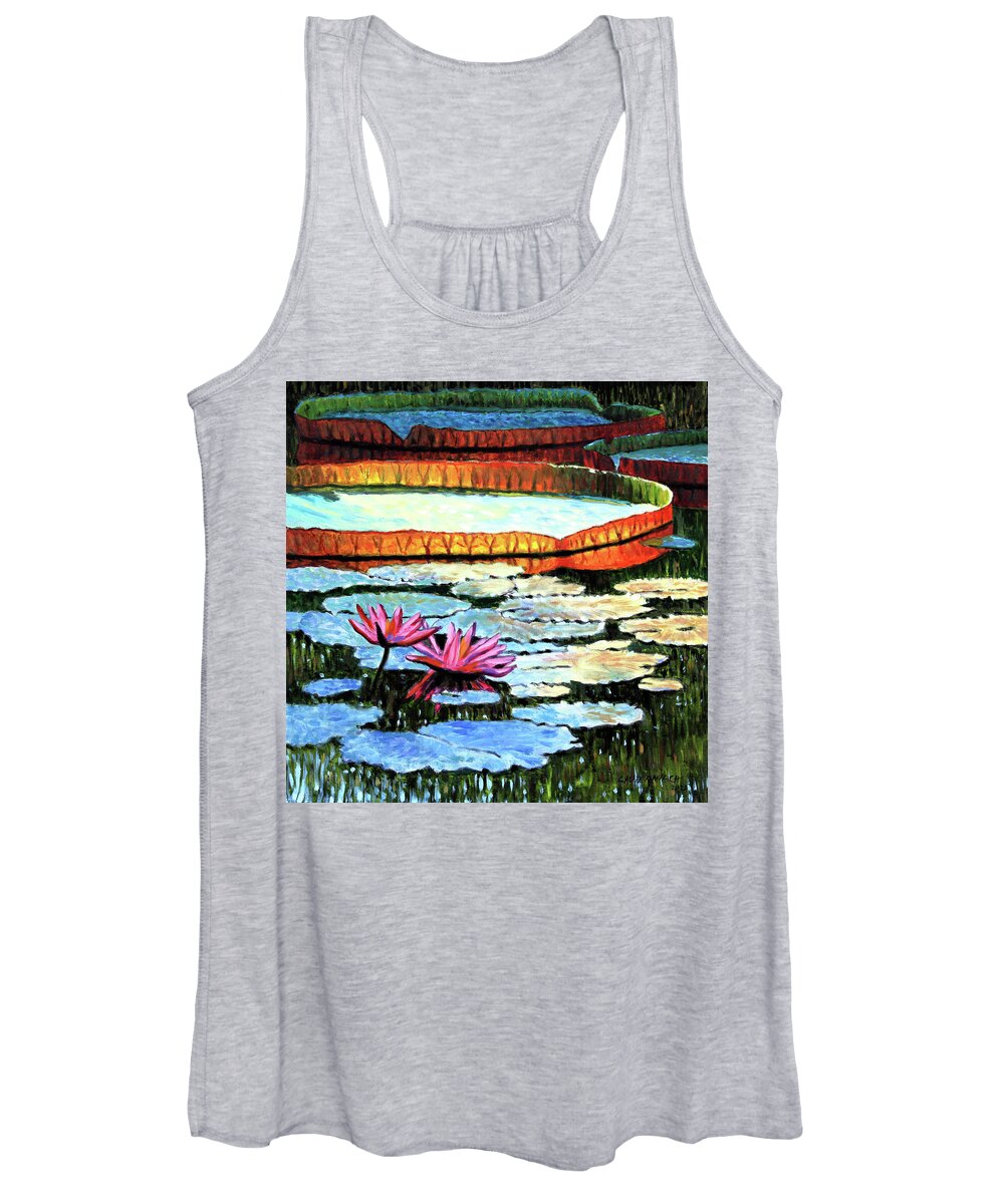Water Lily Women's Tank Top featuring the painting Sunlight On Lily Pad by John Lautermilch