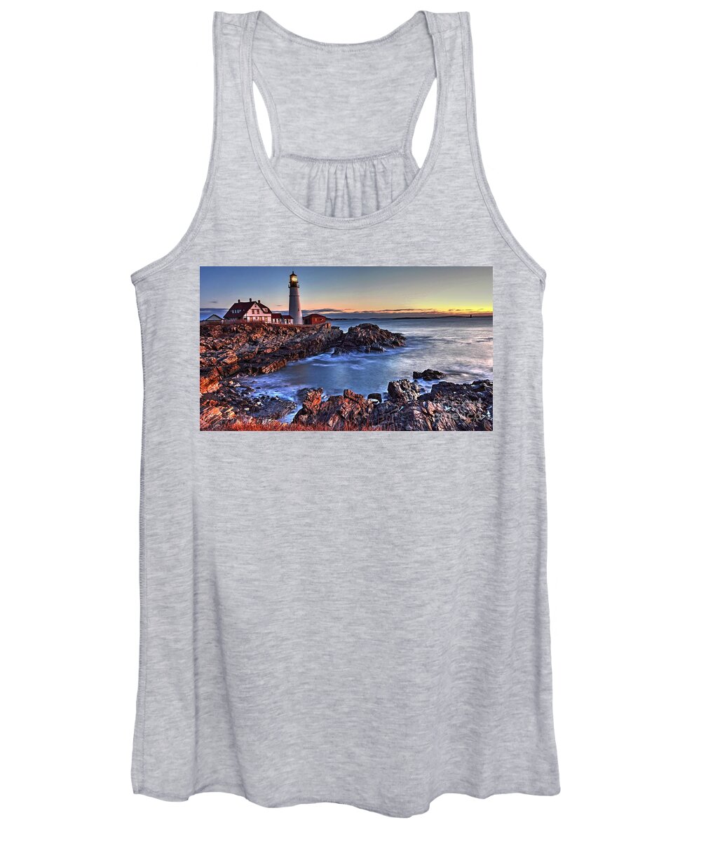 Portland Head Light Women's Tank Top featuring the photograph Sunrise at the Lighthouse by Steve Brown
