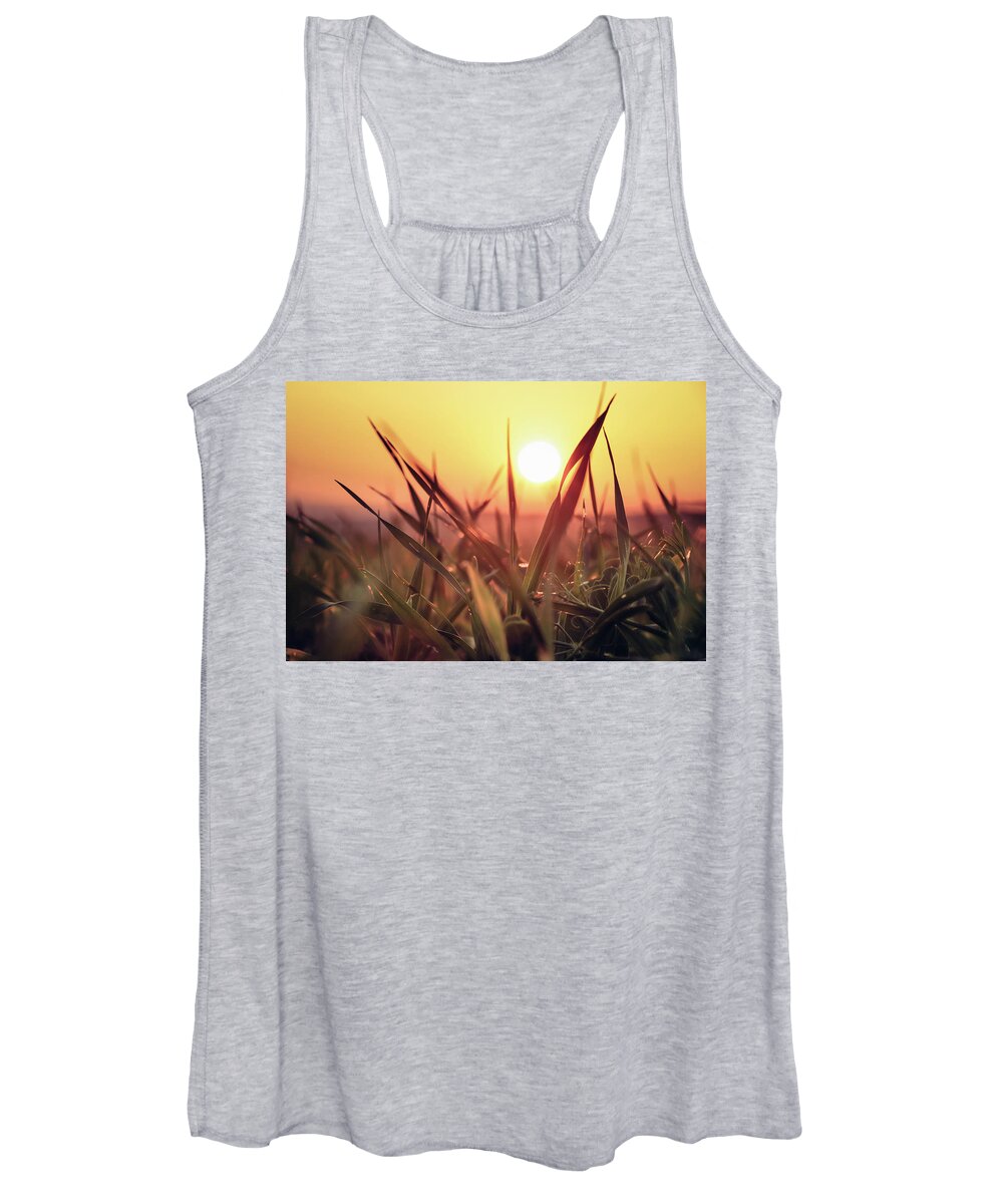 Soil Women's Tank Top featuring the photograph Sunset on a grass field by Vaclav Sonnek
