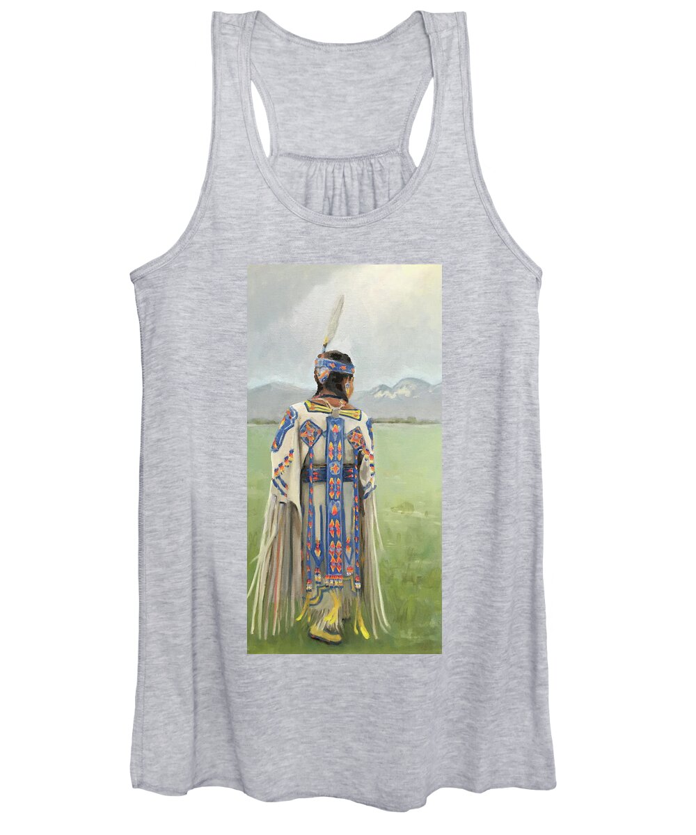 Native American Women's Tank Top featuring the painting Swing and Sway, Buckskin Dancer by Elizabeth Jose