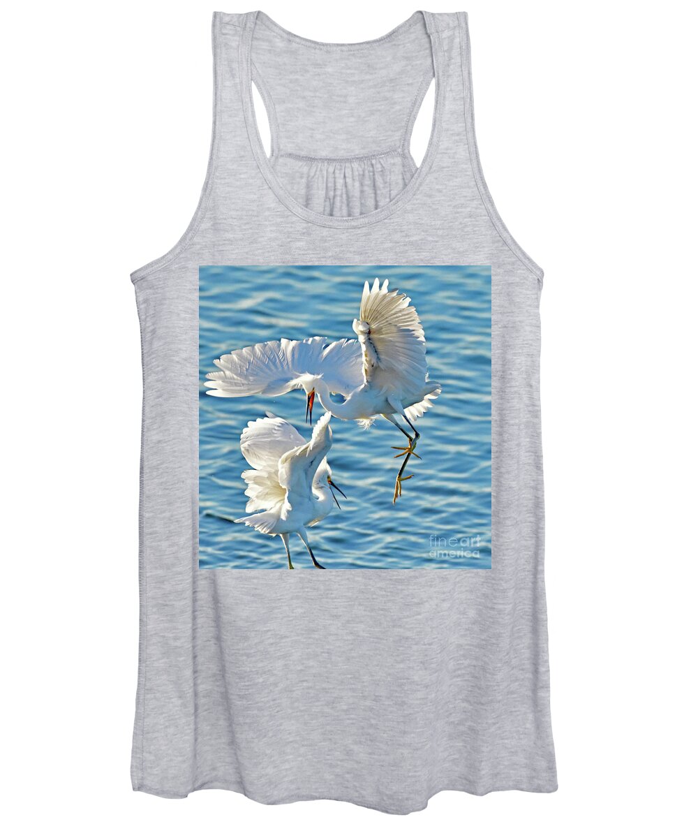 Snowy Egret Women's Tank Top featuring the photograph Territorial Fight of the Snowy Egret by Amazing Action Photo Video