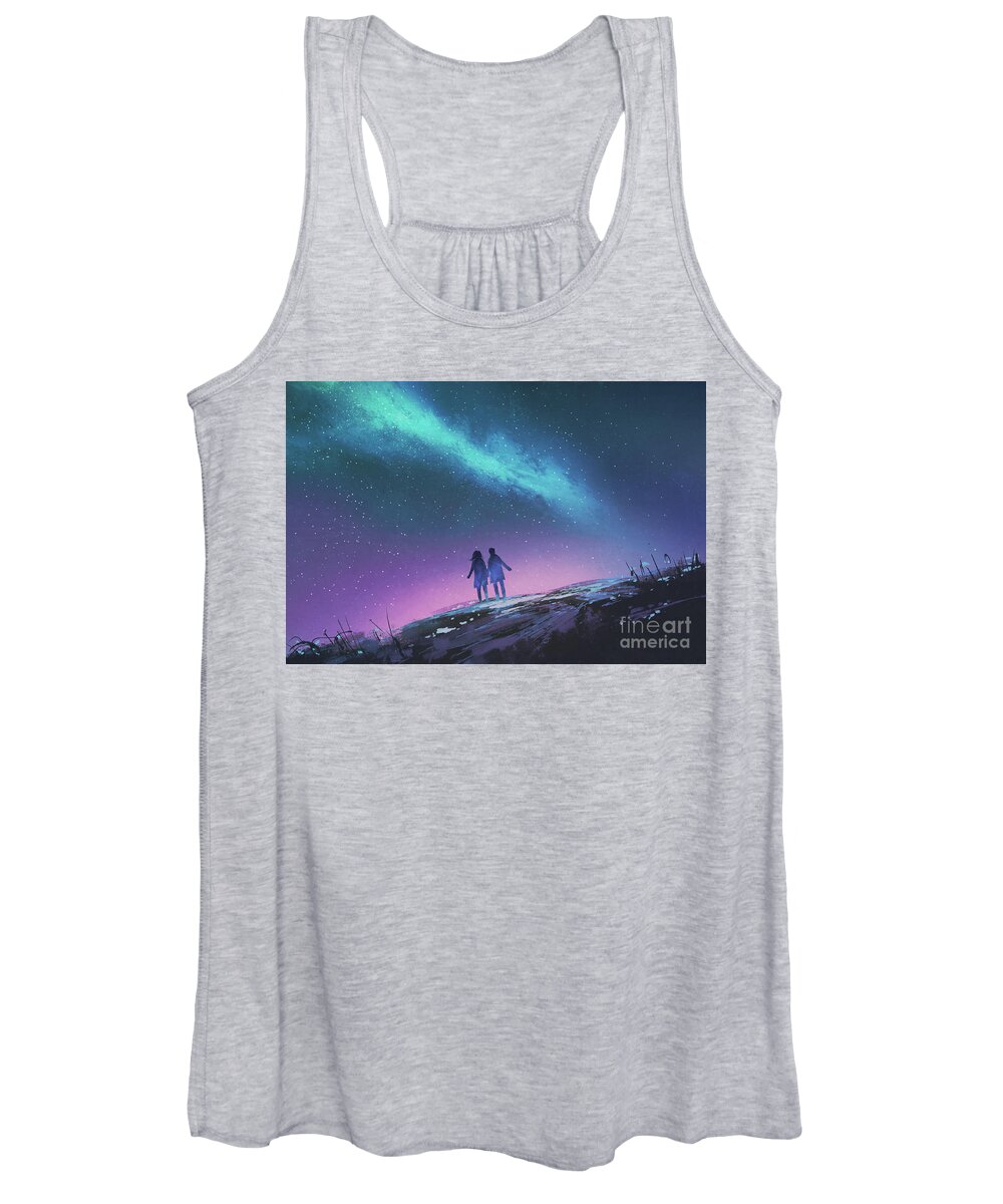 Acrylic Women's Tank Top featuring the painting The Blue Light In The Night Sky by Tithi Luadthong