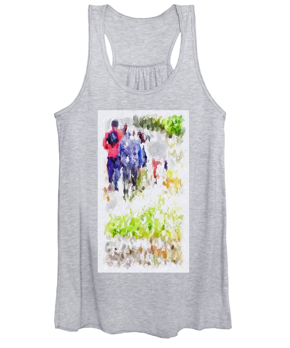 Hikers Silhouettes Trees Green Orange Grass Blue Jacket Red Backpack Grey Red Pants White Black Brown Women's Tank Top featuring the digital art The Hike by Kathleen Boyles
