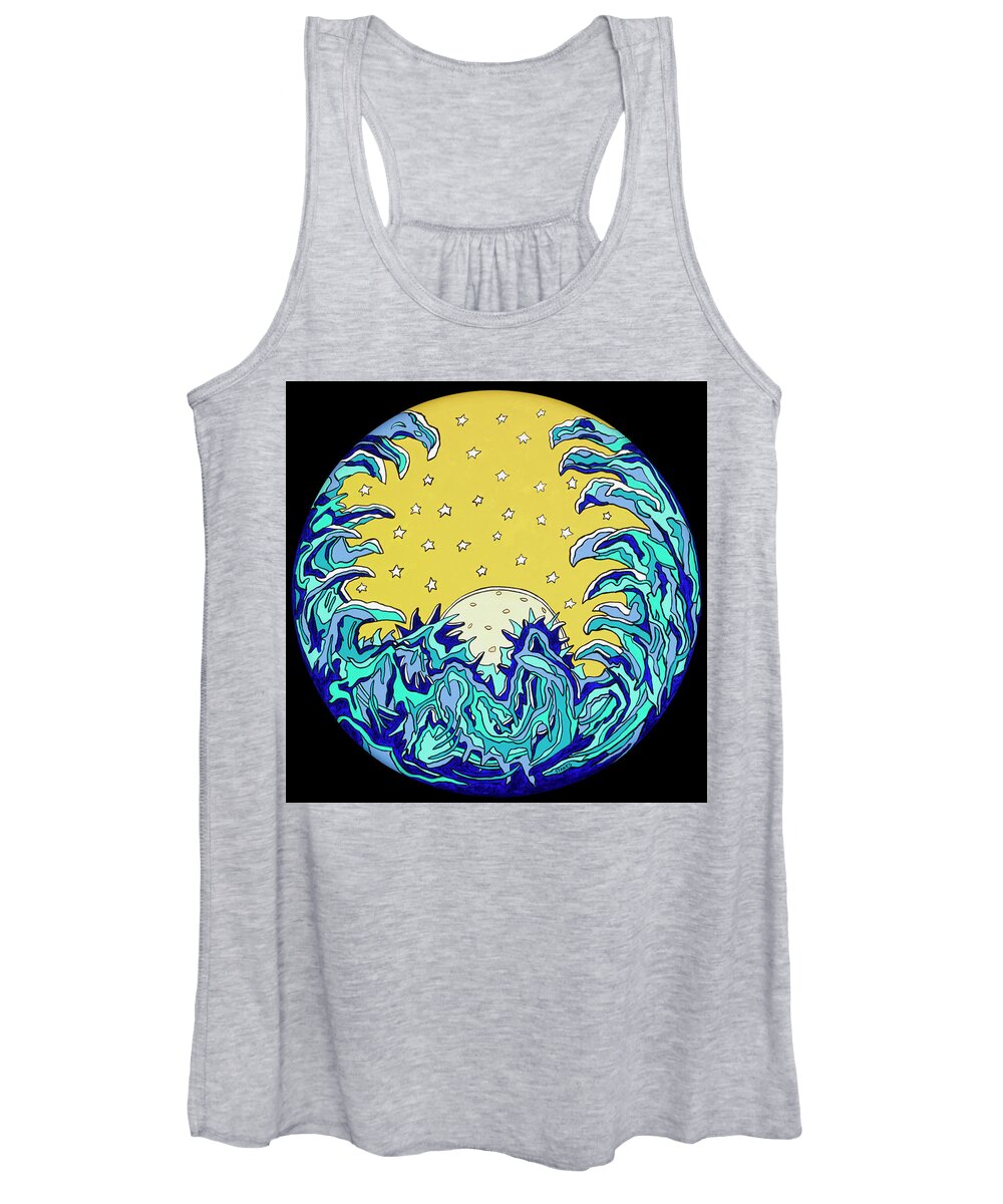 Sun Waves Psychedelic Stars Pop Art Women's Tank Top featuring the painting The Waving Sun by Mike Stanko