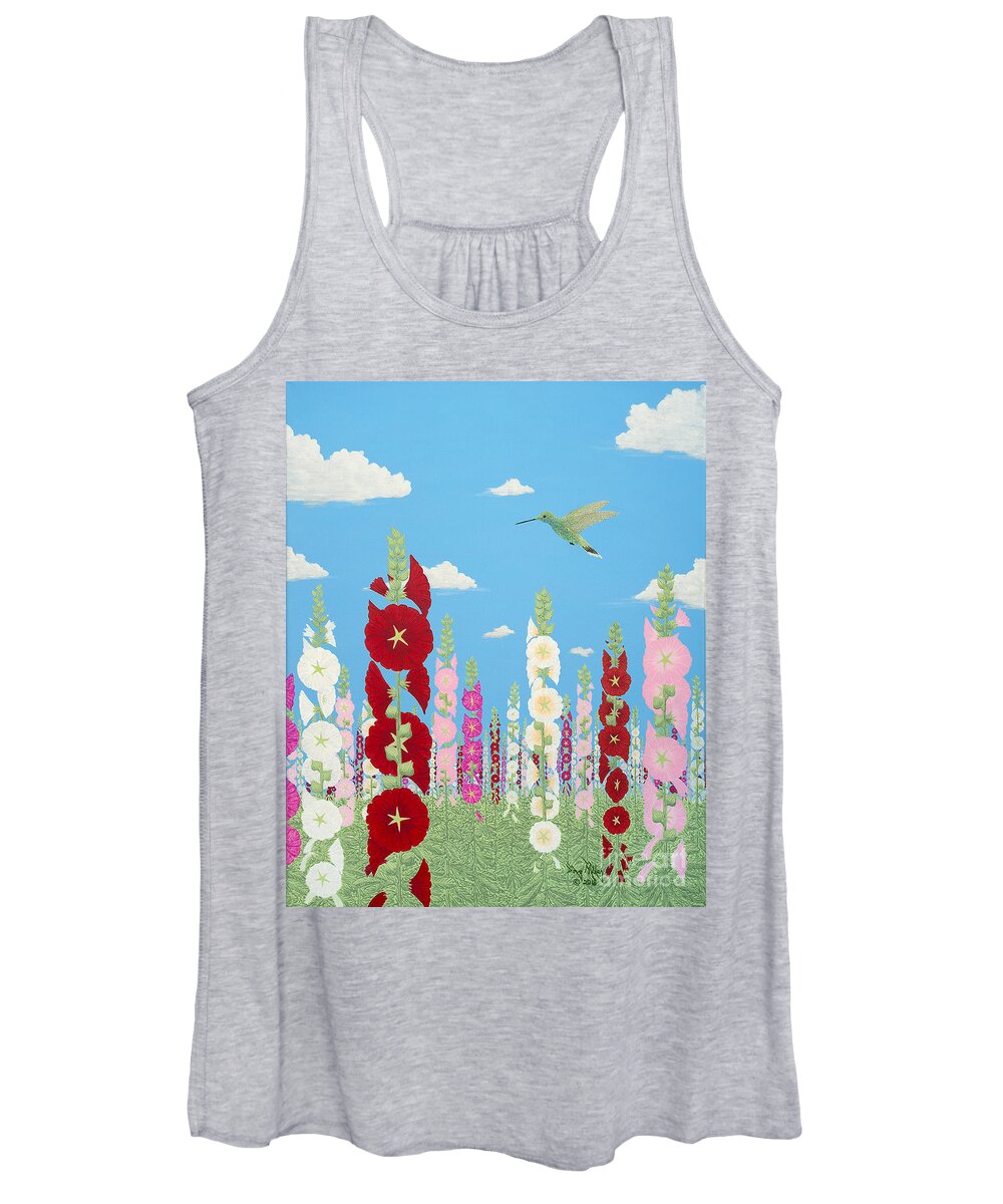 Hummingbirds Flitting Over Hollyhocks Women's Tank Top featuring the painting These Are For You Part Three by Doug Miller