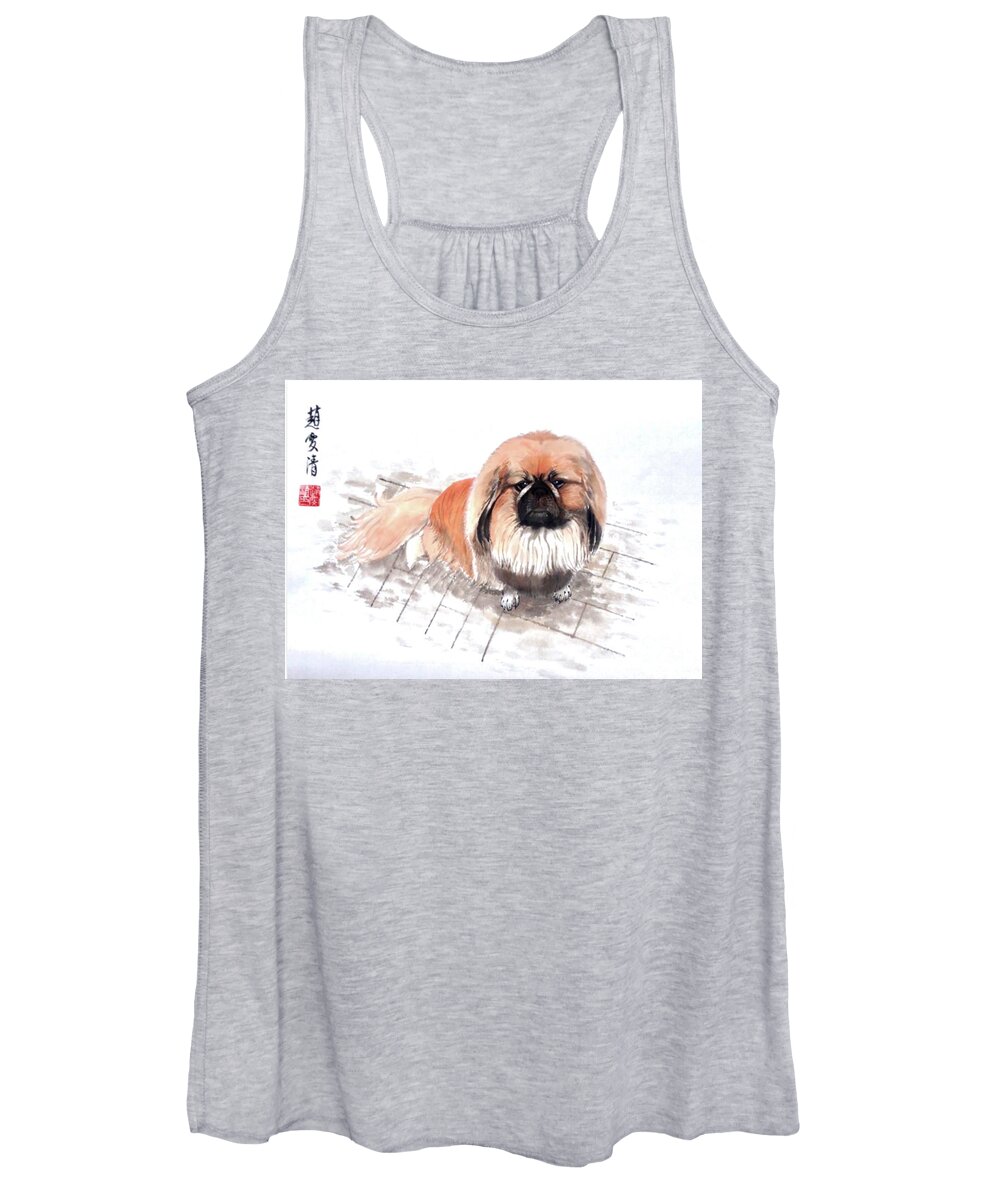 Pekes Dog Women's Tank Top featuring the painting Three Pekes in a Pod - 6 Benny by Carmen Lam