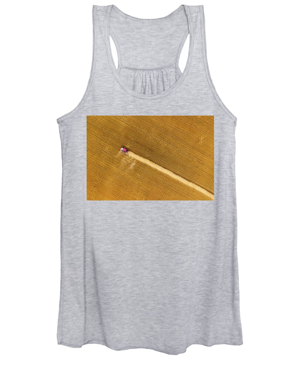 Agriculture Women's Tank Top featuring the photograph Top view of combine on harvest field by Mikhail Kokhanchikov