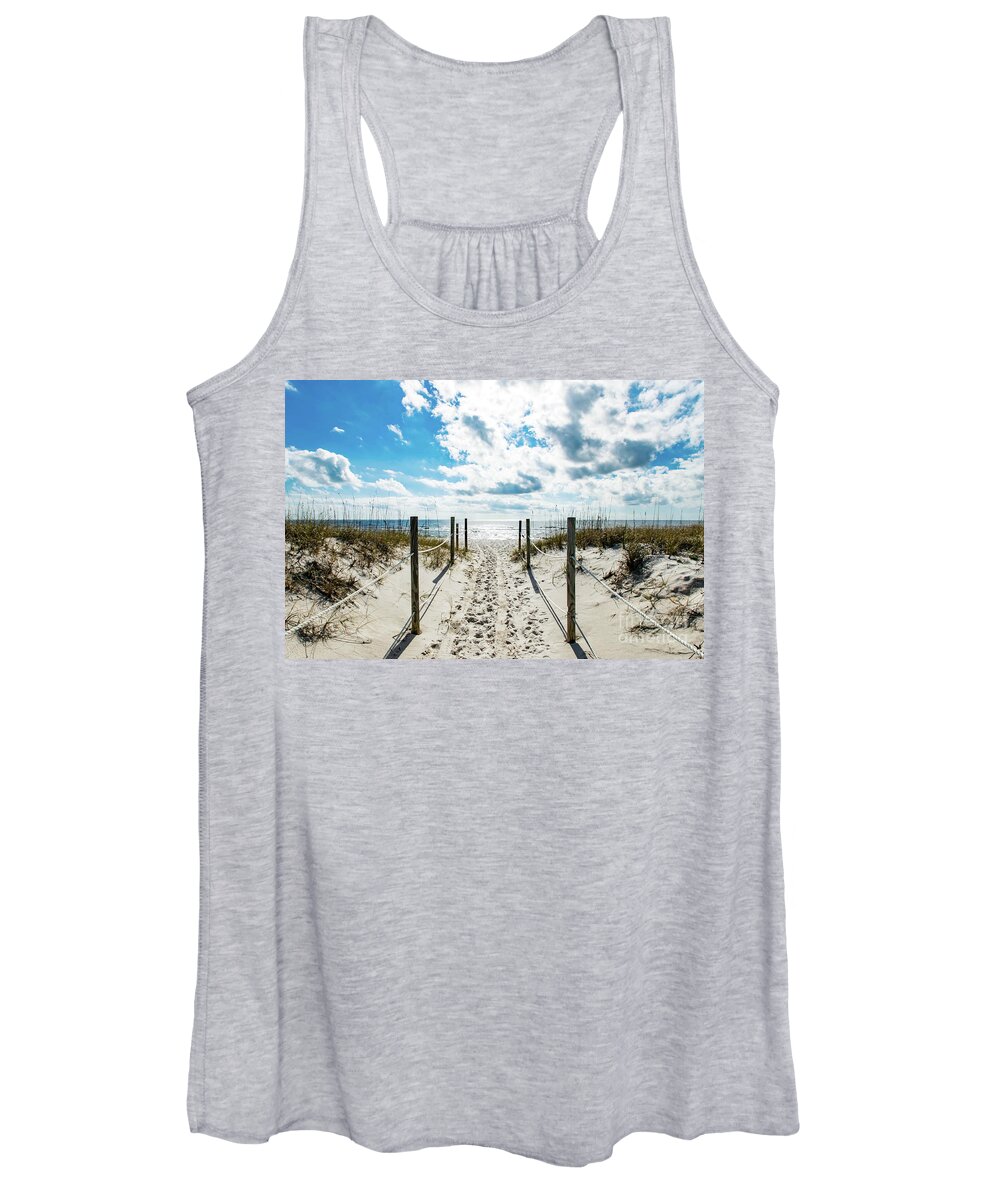 Footprints Women's Tank Top featuring the photograph Trail of Footprints to the Beach by Beachtown Views
