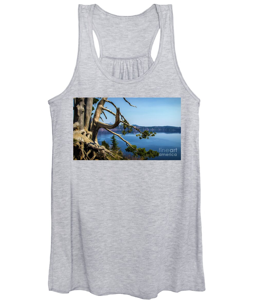 Crater Lake Women's Tank Top featuring the photograph Tree overlooking Crater Lake, Oregon by Roslyn Wilkins