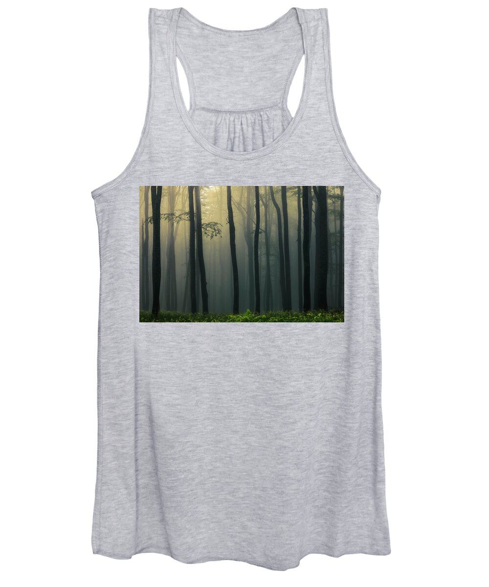 Balkan Mountains Women's Tank Top featuring the photograph Trees In Dark Forest by Evgeni Dinev