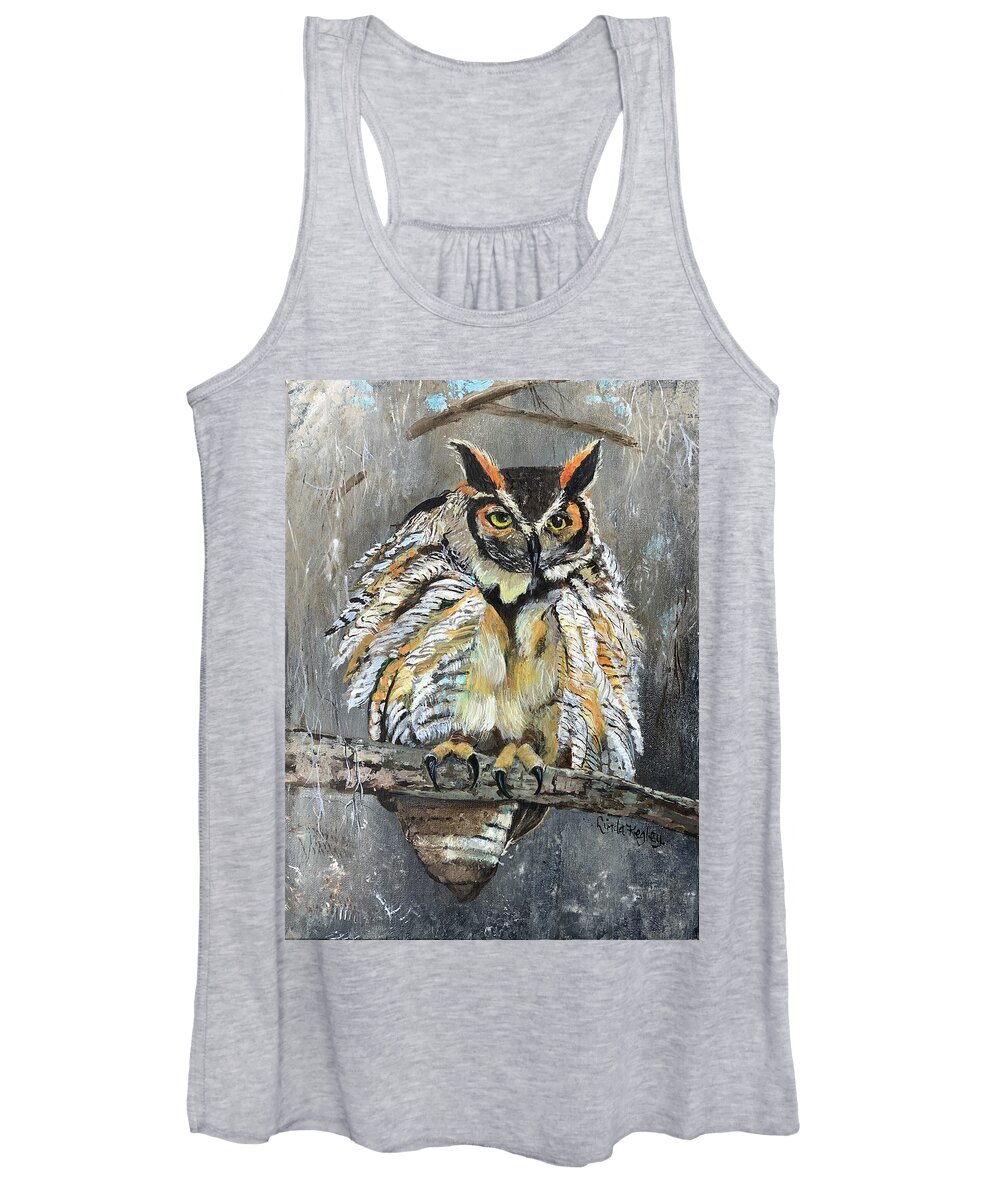 Great Horned Owl Women's Tank Top featuring the painting Treetop Perch by Linda Kegley