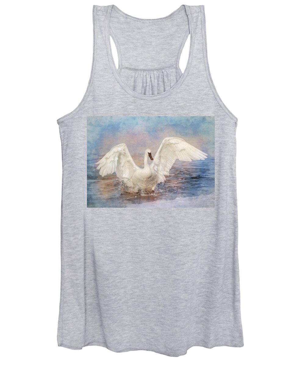 White Women's Tank Top featuring the photograph Trumpeter Swan Splash Texture by Patti Deters