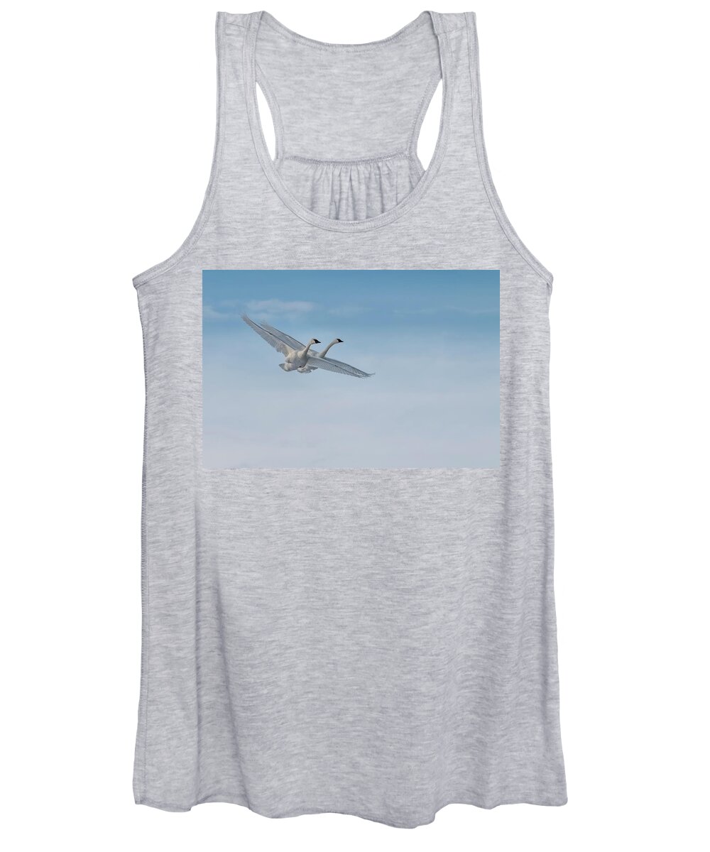 Birds Women's Tank Top featuring the photograph Trumpeter Swan Tandem Flight I by Patti Deters