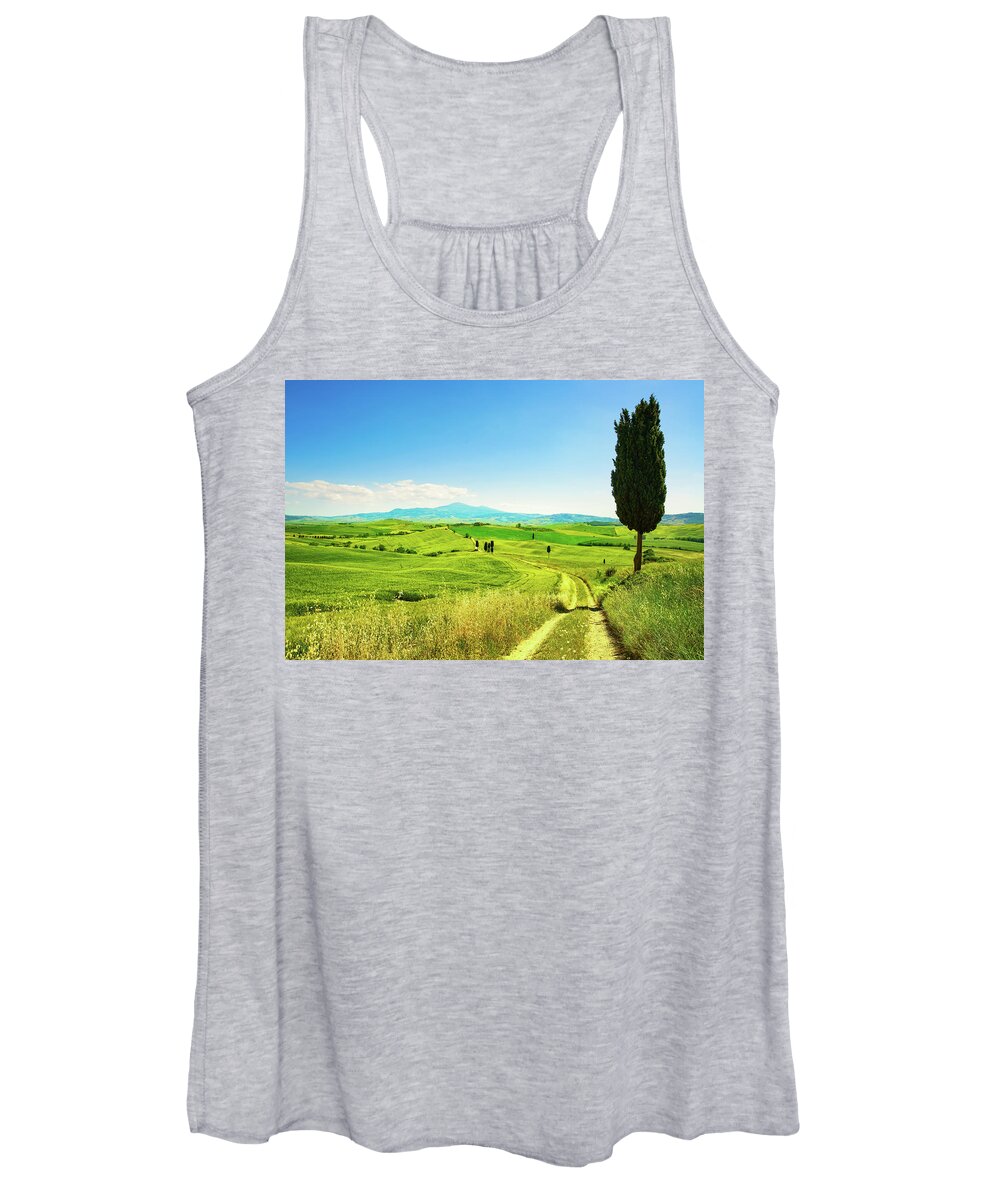 Tuscany Women's Tank Top featuring the photograph Tuscany landscape, rural road, wheat field and tree. Crete Senes by Stefano Orazzini