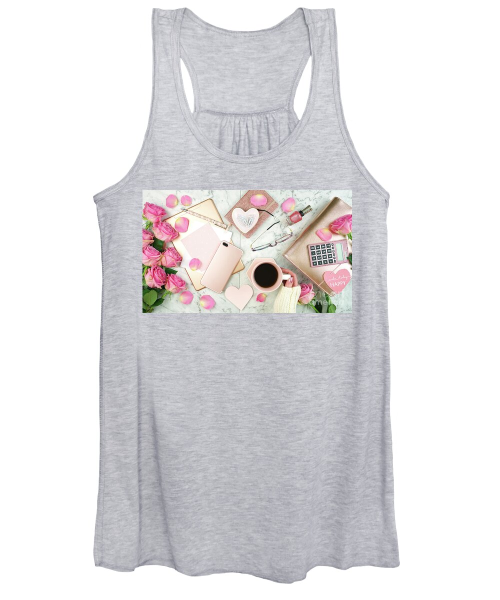 Rose Gold Women's Tank Top featuring the photograph Ultra feminine pink desk workspace with rose gold accessories flatlay. by Milleflore Images