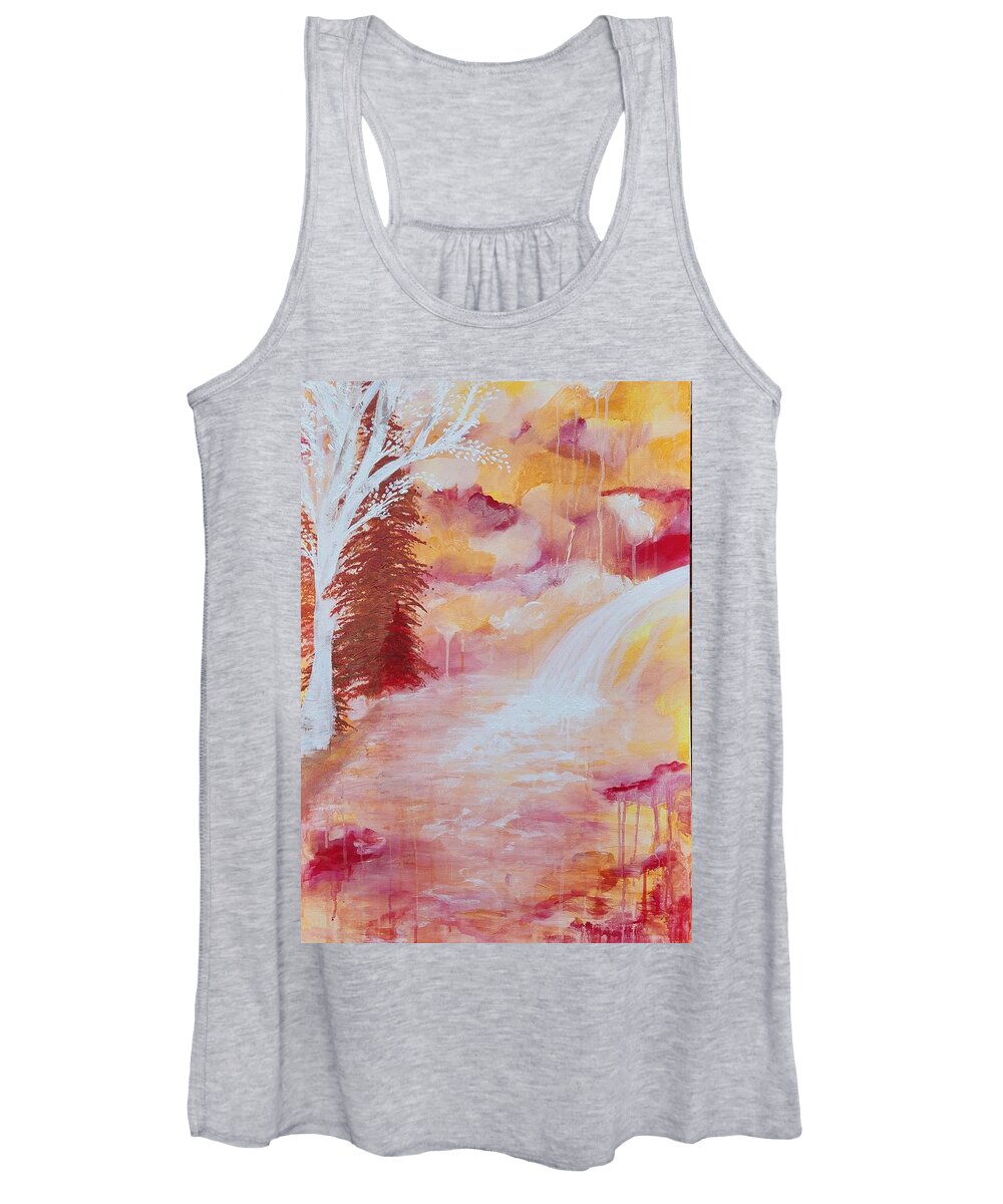 Waterfall Women's Tank Top featuring the painting Vibrant Forest with Waterfall by Lynne McQueen