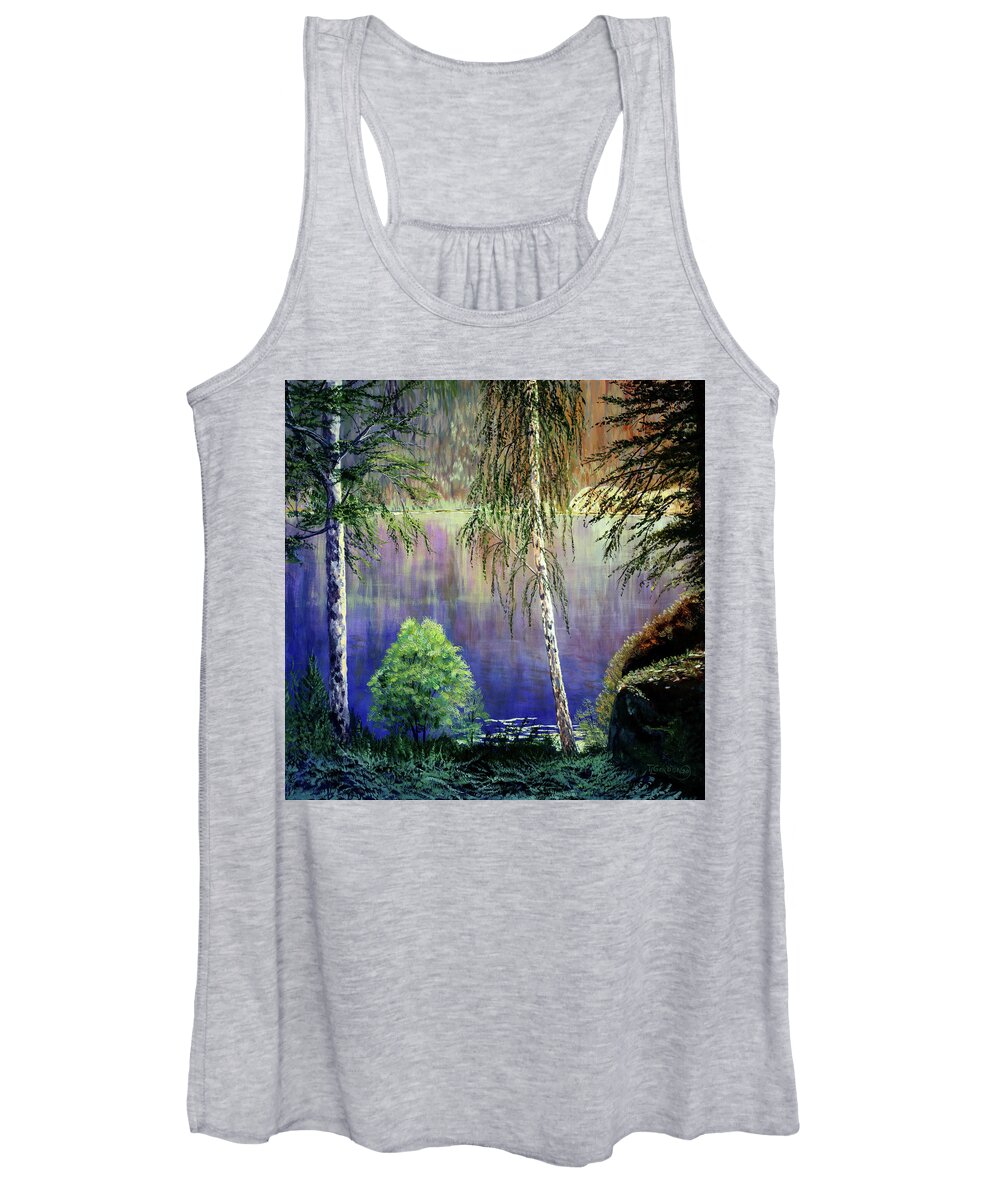 Morning Women's Tank Top featuring the painting View from the Lakes Edge by Timithy L Gordon