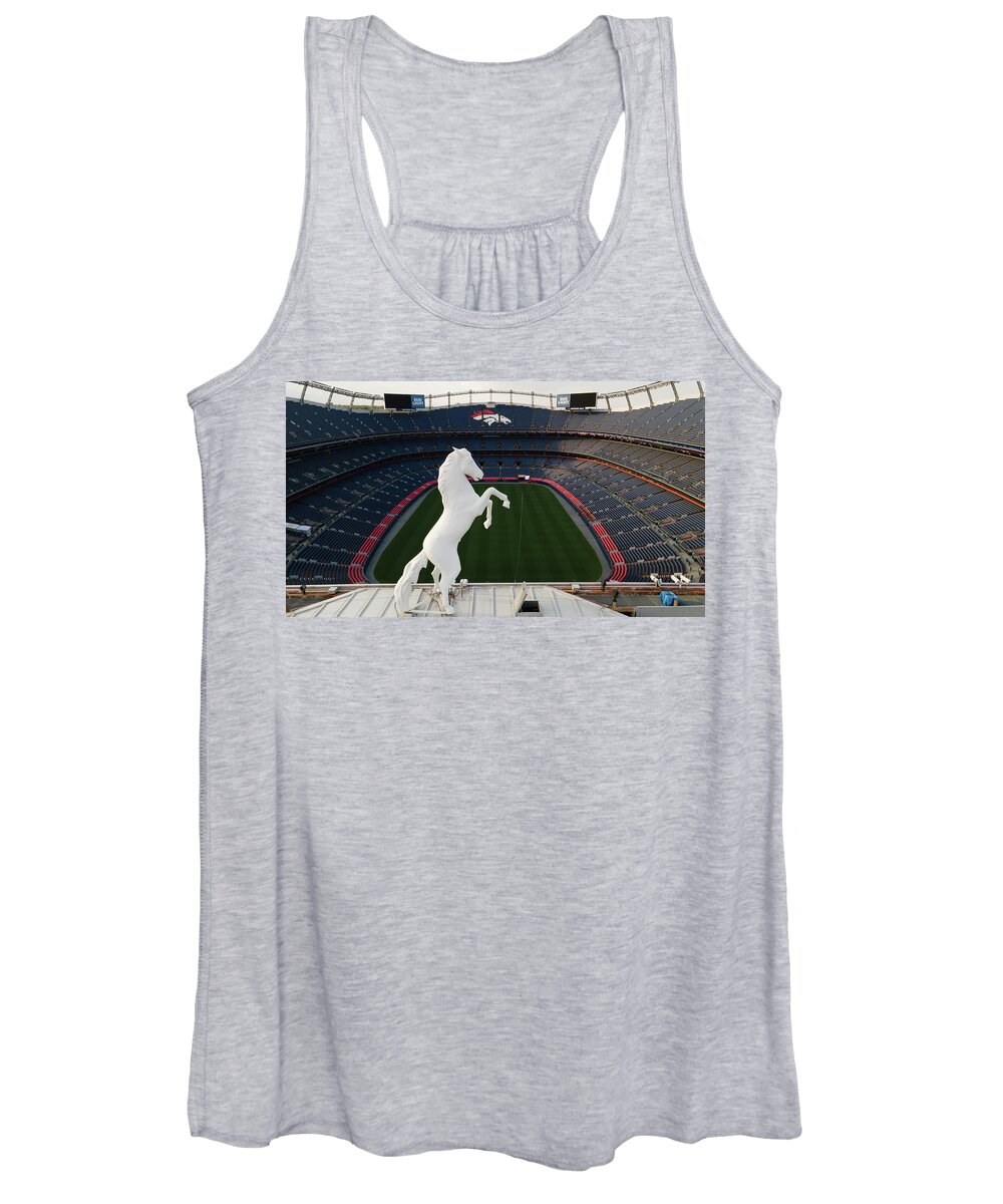 Denver Colorado Women's Tank Top featuring the photograph View of Denver Bronco overlooking Mile High Stadium by Eldon McGraw