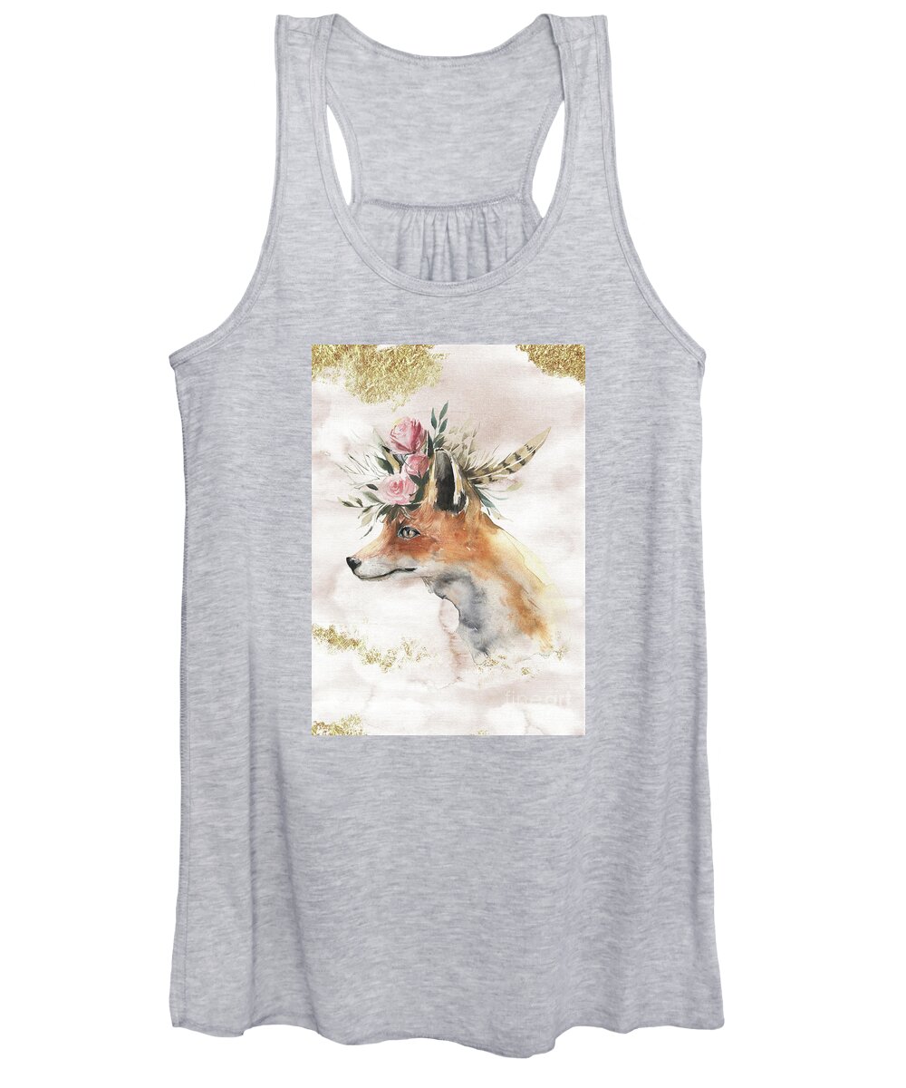 Watercolor Fox Women's Tank Top featuring the painting Watercolor Fox With Flowers And Gold by Garden Of Delights