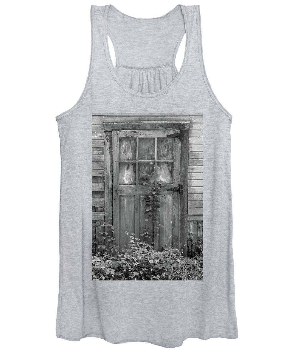 Black And White Barn Women's Tank Top featuring the photograph Weathered Wood Barn Door with Vine by David Letts