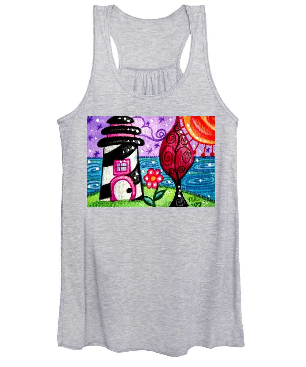 Whimsical Women's Tank Top featuring the painting Whimsical Black White Lighthouse by Monica Resinger