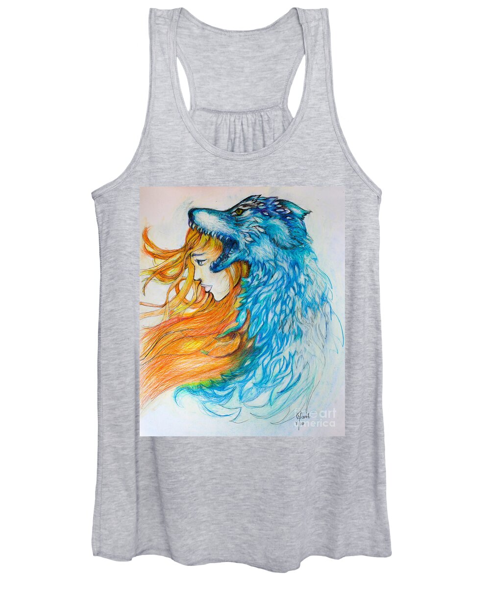 Wolf Women's Tank Top featuring the drawing Wolf in the Willow by Marat Essex