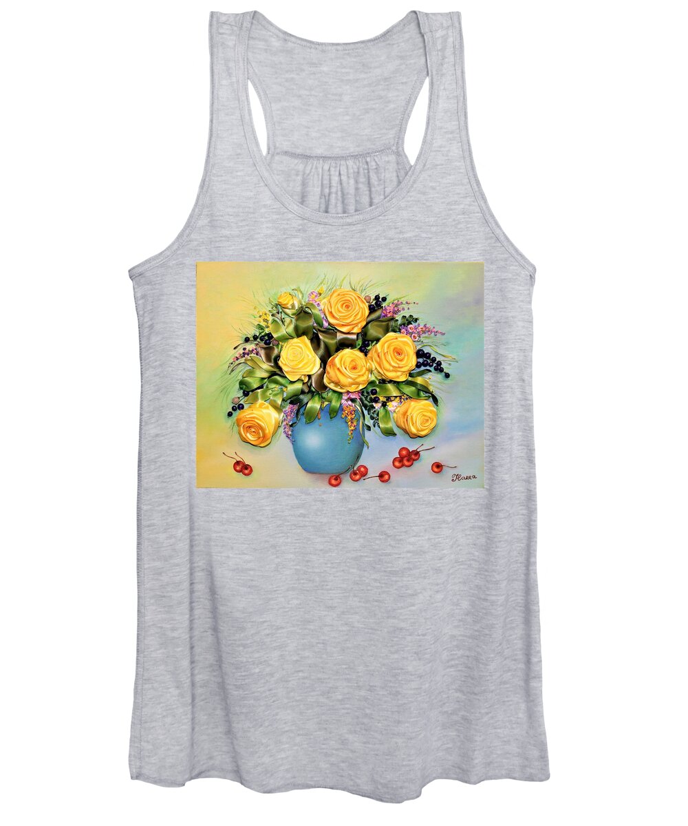 Wall Art Flowers Art Yellow Roses Red Berry Red Cherries Art Yellow Flowers Wall Décor Mixed Media Oil Painting & Ribbon Embroidery On Canvas Women's Tank Top featuring the mixed media Yellow Roses by Tanya Harr