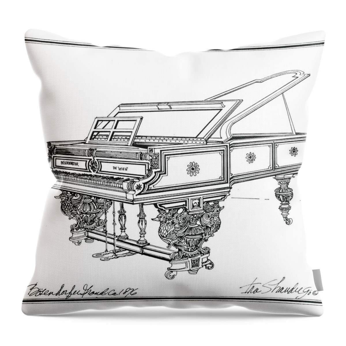 Pianos Throw Pillow featuring the drawing Bosendorfer Centennial Grand Piano by Ira Shander