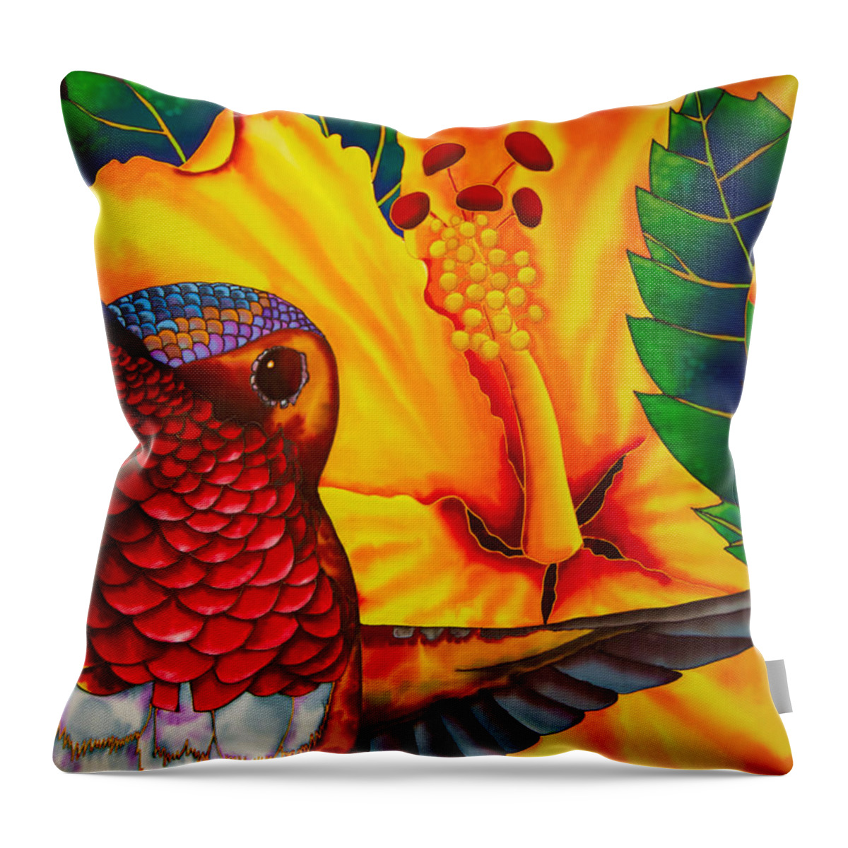 Hibiscus Flower Throw Pillow featuring the painting Rufous Hummingbird - Exotic Bird by Daniel Jean-Baptiste