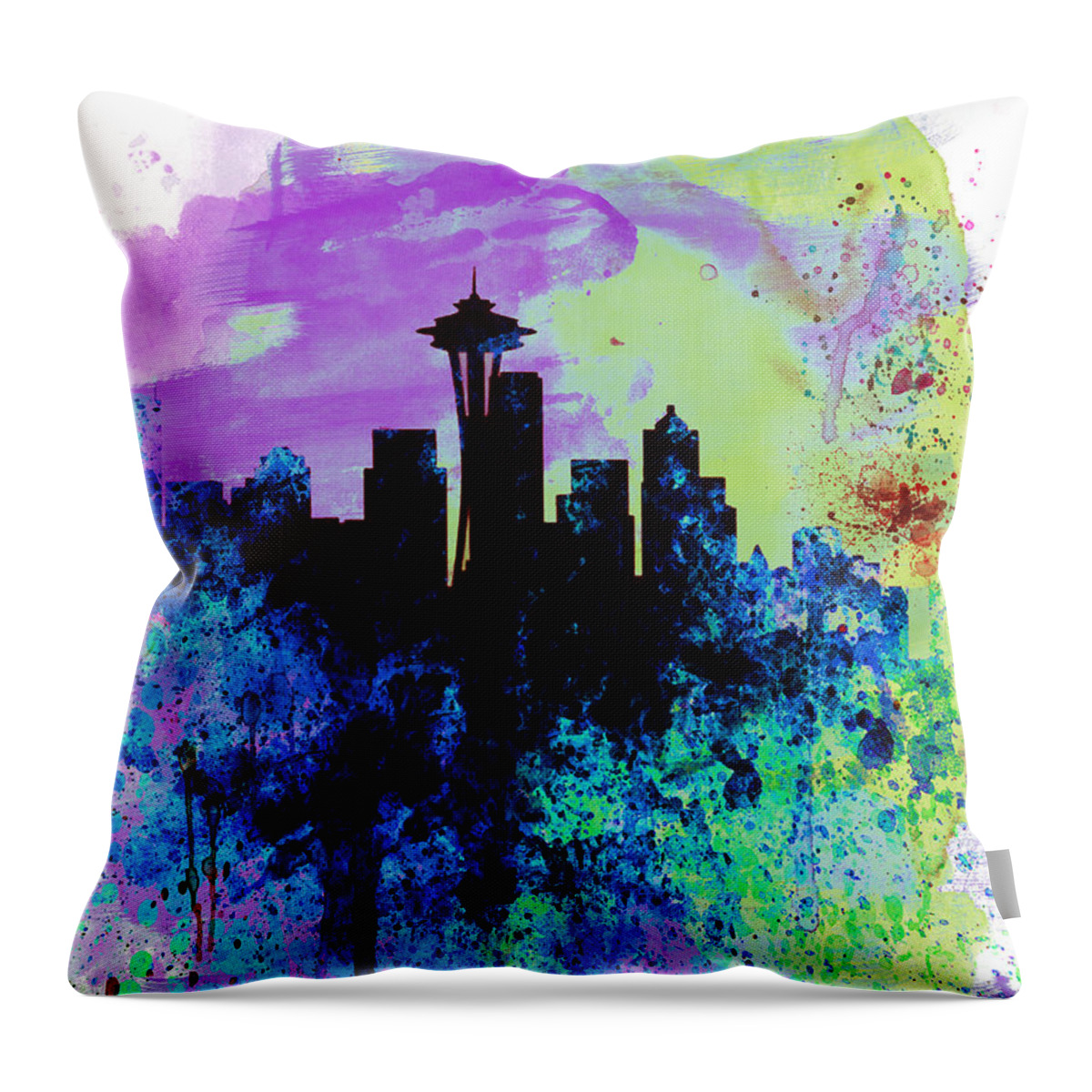 Seattle Throw Pillow featuring the painting Seattle Watercolor Skyline 1 by Naxart Studio
