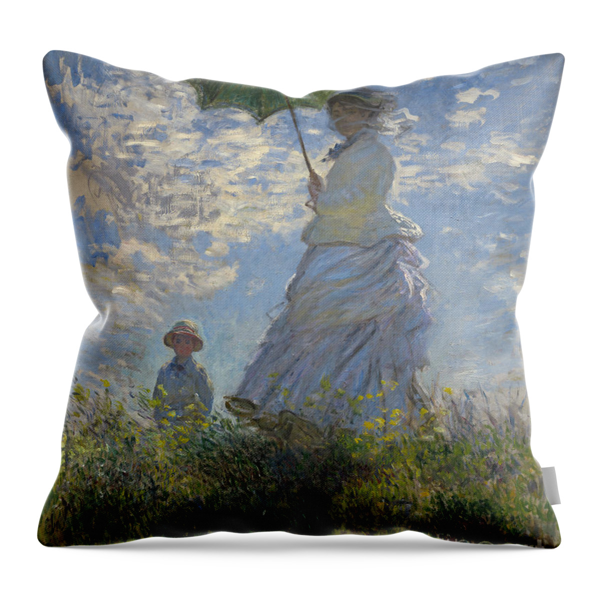 Female; Male; Boy; Child; Hill; Walking; Walk; Stroll; Summer; Outdoors; Mother; Hat; Impressionist; Artists Throw Pillow featuring the painting Woman with a Parasol Madame Monet and Her Son by Claude Monet