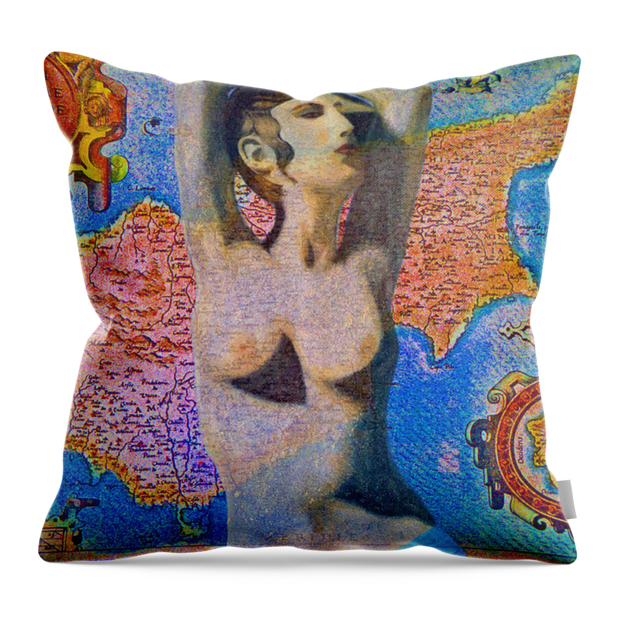 Augusta Stylianou Throw Pillow featuring the digital art Aphrodite and Ancient Cyprus Map by Augusta Stylianou